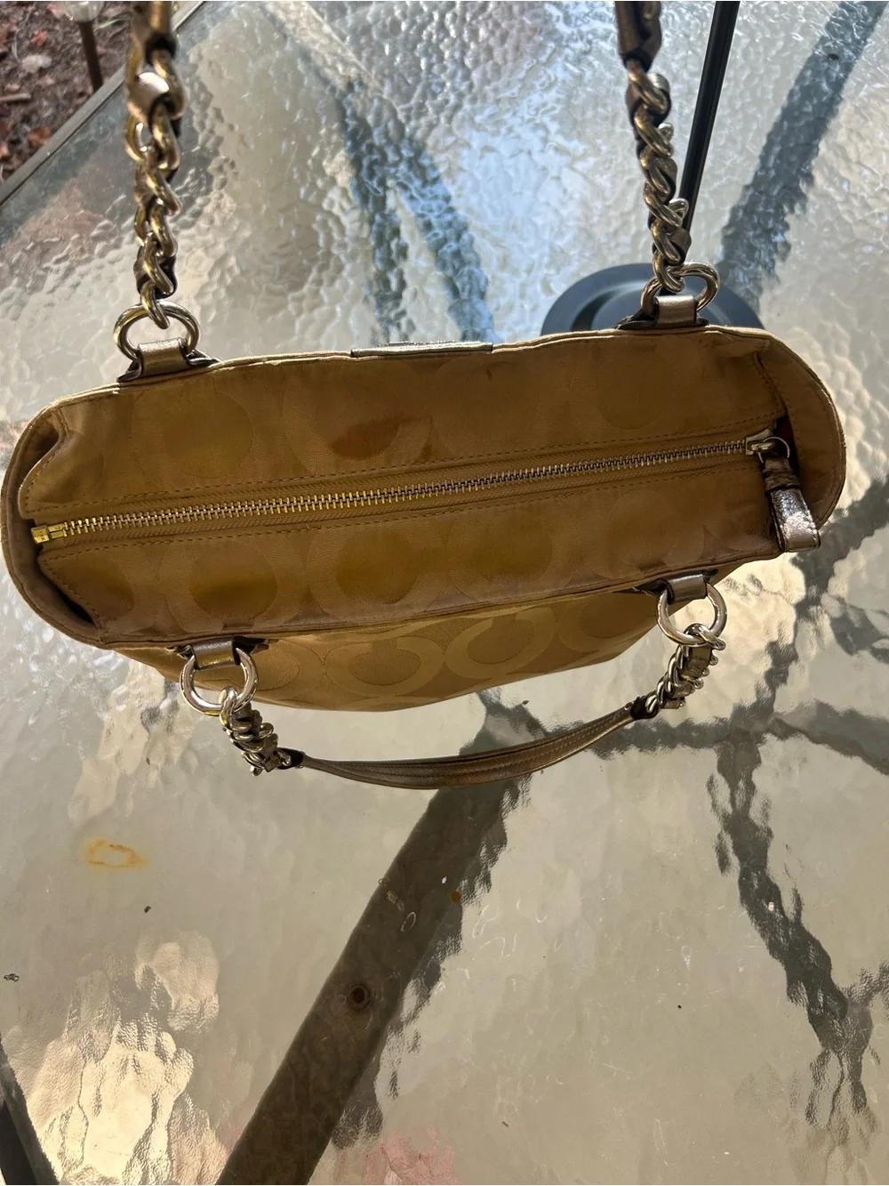 Coach 20481 Signature Jacquard Metallic Gold Chain Strap Tote Bag
